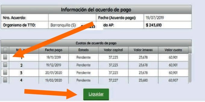 liquidación de cuotas de acuerdos de pago