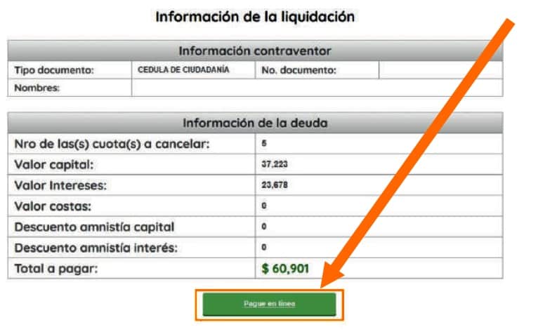 información de liquidación acuerdo de pago